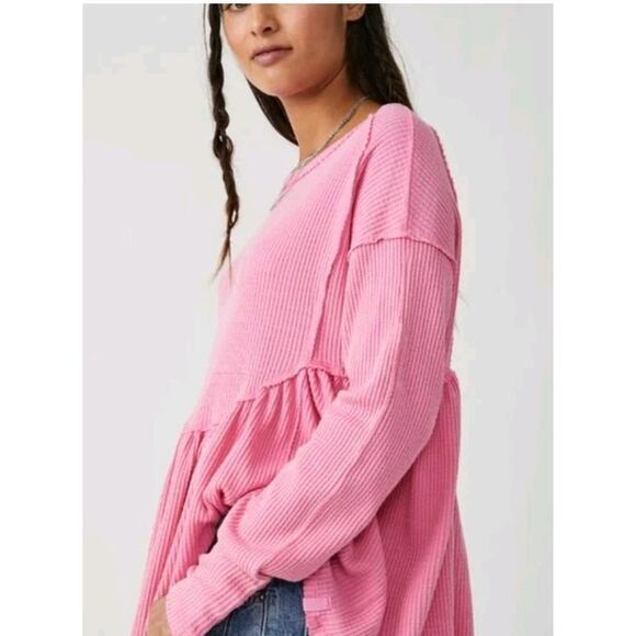 Free People Oh My Babydoll Cotton Waffle Weave Top Carnation Pink Boxy Large New - Picture 5 of 16